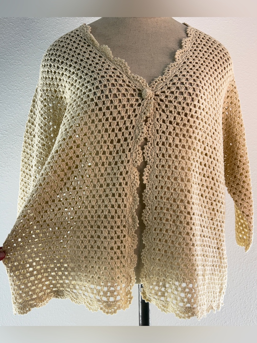 Vintage 90s Norm Thompson Crochet Knit Cardigan Linen Cotton Beige Boho Cottage